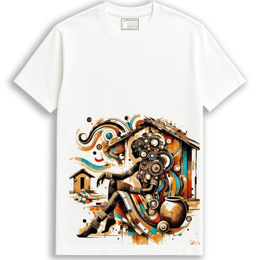 Tribal Muse - Graphic T-Shirt featuring abstract tribal art in earthy tones on white cotton fabric. Unisex design perfect for art lovers.