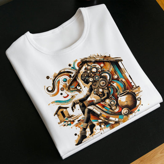 Tribal Muse Graphic T-Shirt featuring an abstract tribal-inspired design in earthy tones. Unisex fit, 100% cotton, perfect for art and fashion lovers.