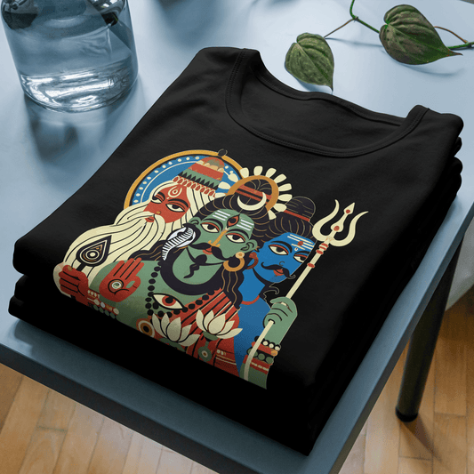 Tridev - Patachitra T-Shirt featuring Brahma, Vishnu, and Mahesh in vibrant Bengali folk art style on soft black cotton. Unisex cultural expression wear.
