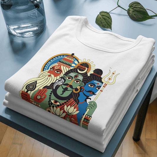 Tridev - Patachitra T-Shirt featuring Brahma, Vishnu, Mahesh in vibrant Bengali folk art style, folded neatly on a table. Unisex cultural apparel.