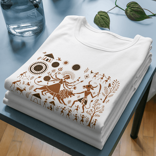 Durga T-Shirt - Warli Art Mahishasura design in brown on folded white cotton unisex tee, showcasing spiritual and cultural heritage.
