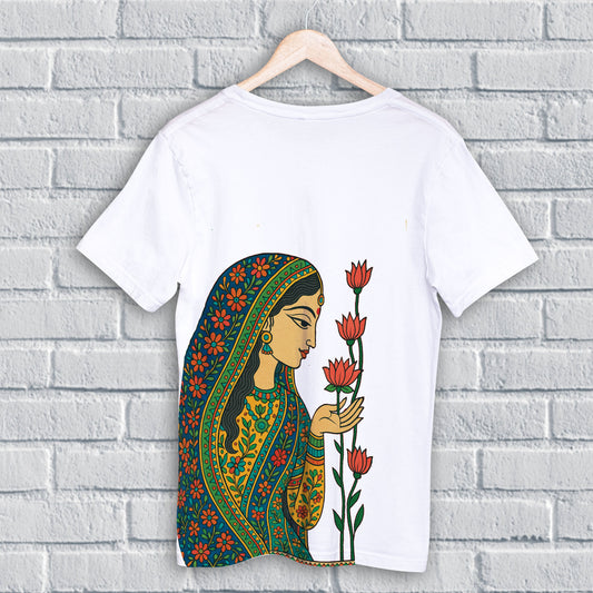 Whispers of the Lotus - Folk Art T-Shirt featuring a traditional Indian woman in vibrant attire admiring lotus flowers, symbolizing feminine grace.