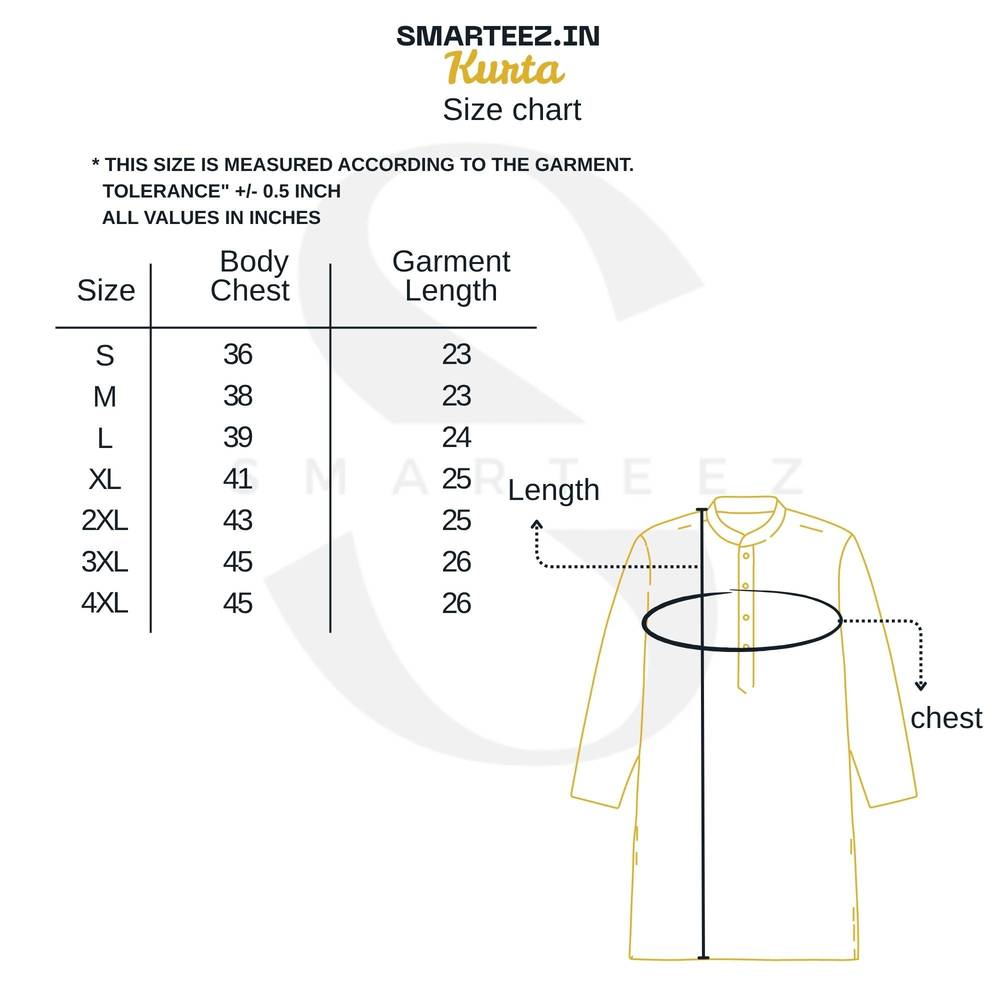 Size chart for Kurta for Men by Smarteez.in, detailing chest and garment length measurements from size S to 4XL.