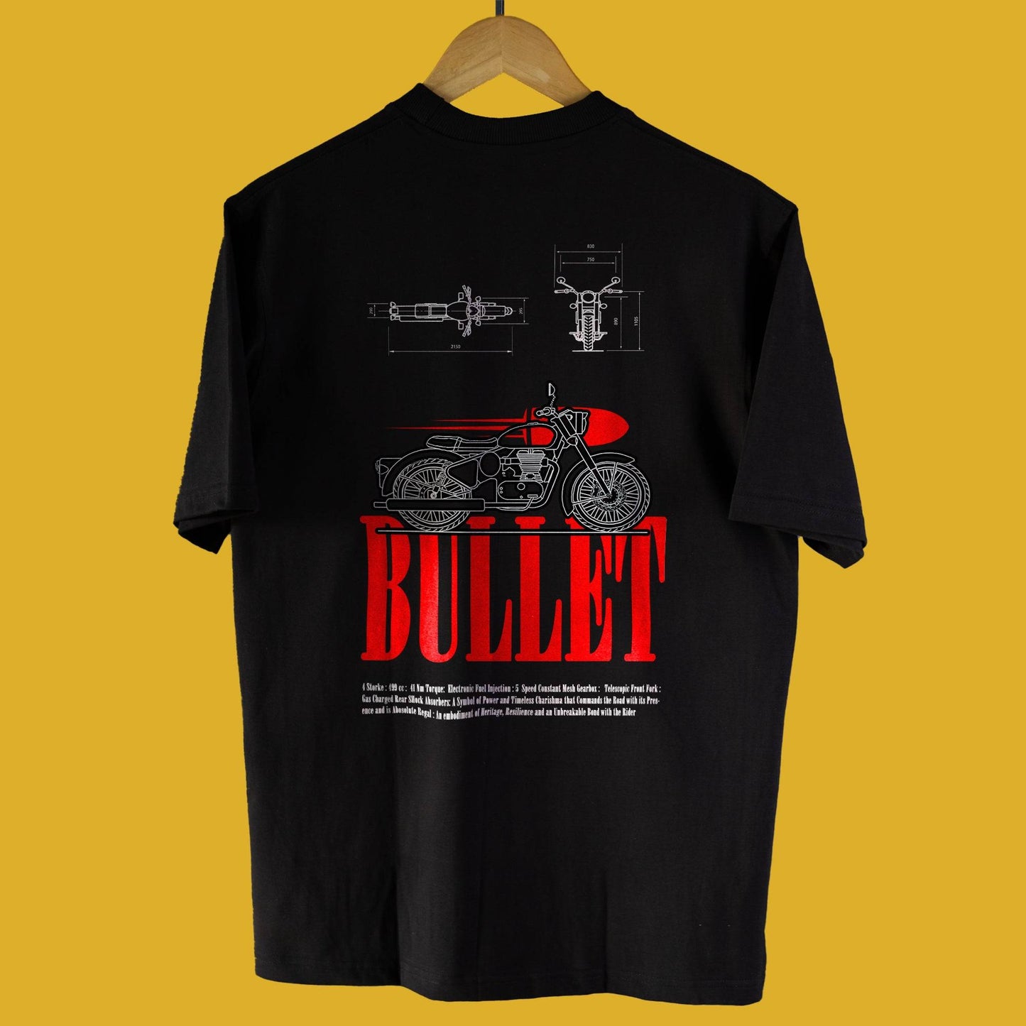 Bullet Biker T-Shirt in black with oversized unisex fit, featuring bold red typography and motorcycle graphic on the back, displayed on a hanger.