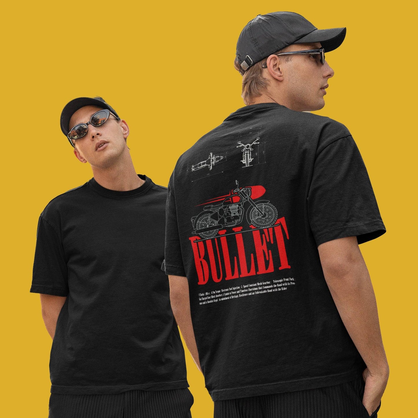 Model wearing Bullet Biker T-Shirt in black with oversized unisex fit, showcasing red typography and motorcycle graphic on the back, styled with sunglasses and cap.