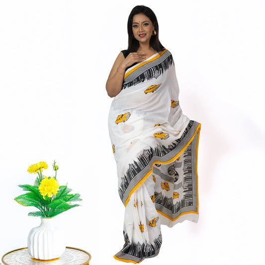 Kolkata Theme Cotton Saree in white with yellow taxi motifs and black skyline border, ideal for festive wear and Bengali cultural celebrations.