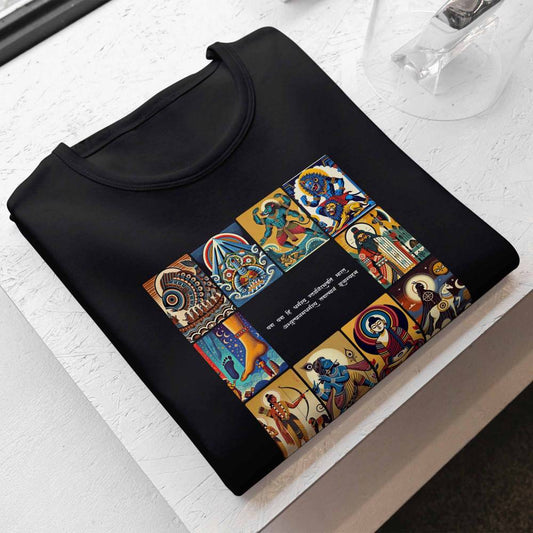 Patachitra T-Shirt - Dashavatar featuring intricate Vishnu designs. Traditional Bengal art depicting the ten avatars of Vishnu on a soft, unisex black tee.