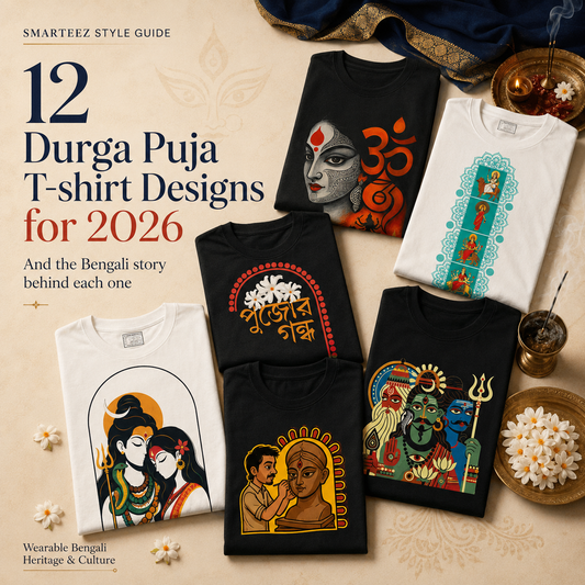12 Durga Puja t-shirt designs for 2026 — and the Bengali story behind each one