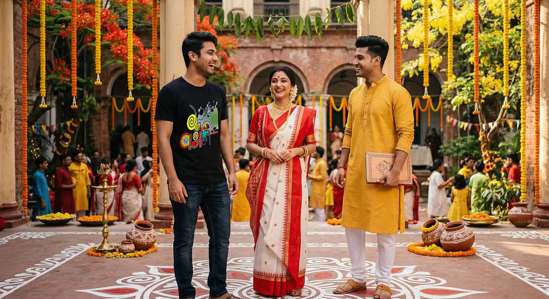 Three friends celebrating Poila Baisakh 2026 wearing a modern black Bengali typography t-shirt, a traditional red-and-white Jamdani saree, and a mustard yellow Panjabi in a festive courtyard with Alpona.