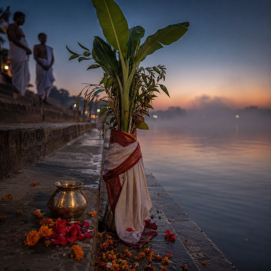 Nabapatrika draped in a red-bordered white saree at a Bengal riverside ghat before dawn on Durga Puja Saptami, with a brass water pot, marigold and hibiscus petals, and two priests in white dhoti in the background