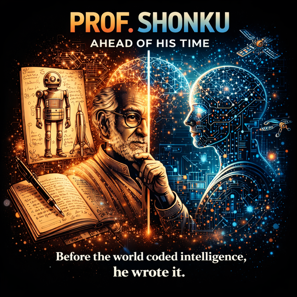 Prof. Shonku and AI fusion artwork with vintage science and futuristic tech.