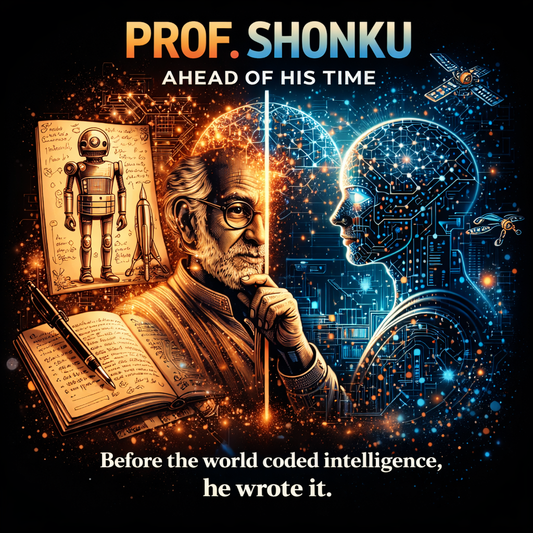 Prof. Shonku and AI fusion artwork with vintage science and futuristic tech.