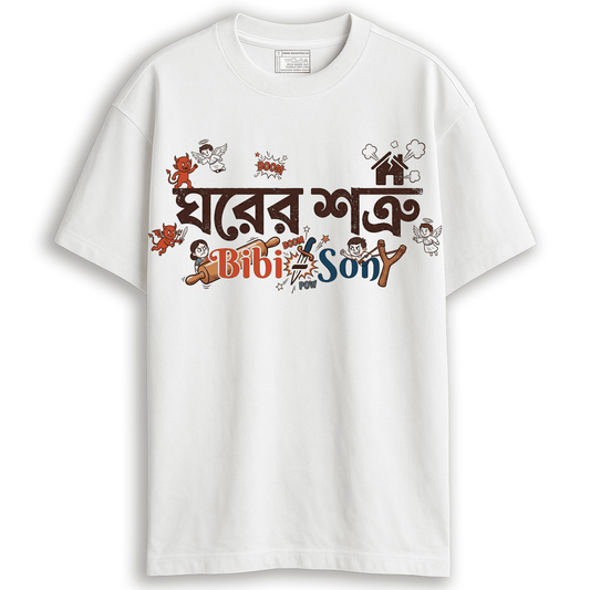 White Smarteez oversized 220 GSM t-shirt featuring "Ghorer Shotru Bibi & Son" funny Bengali typography. The design is a satirical parody of the idiom "Ghorer Shotru Bibhishon," decorated with comic illustrations of a wife with a rolling pin, a son with a slingshot, angels, devils, and a smoking house "Boom" icon.