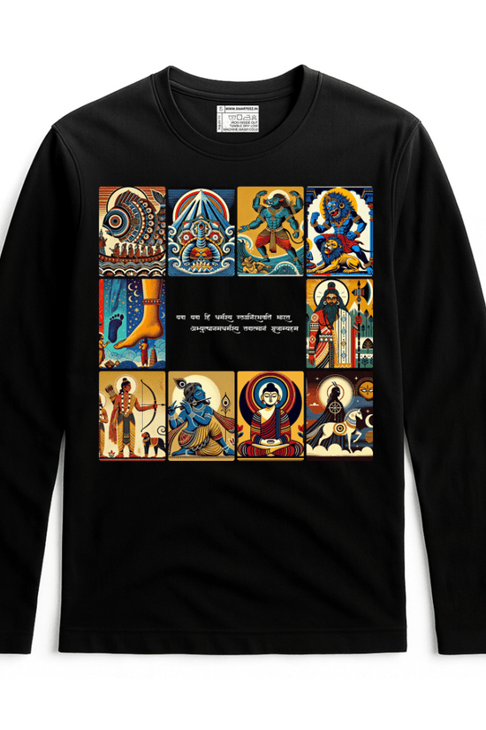 Patachitra T-Shirt - Dashavatar features vibrant illustrations of Vishnu's 10 avatars on a black full sleeves cotton tee. Ideal for spiritual fashion lovers.