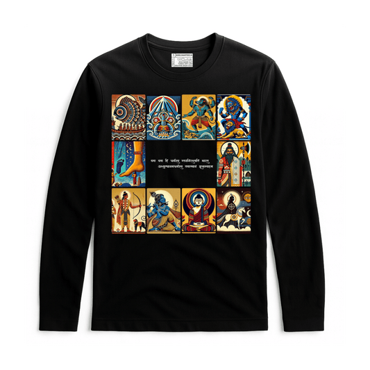 Patachitra T-Shirt - Dashavatar features vibrant illustrations of Vishnu's 10 avatars on a black full sleeves cotton tee. Ideal for spiritual fashion lovers.