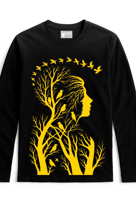 Nature Within T-Shirt - Unisex Graphic in black with yellow silhouette of a woman’s face and birds in tree branches. 100% cotton full sleeves tee.