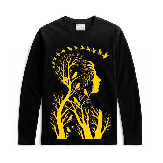 Nature Within T-Shirt - Unisex Graphic in black with yellow silhouette of a woman’s face and birds in tree branches. 100% cotton full sleeves tee.