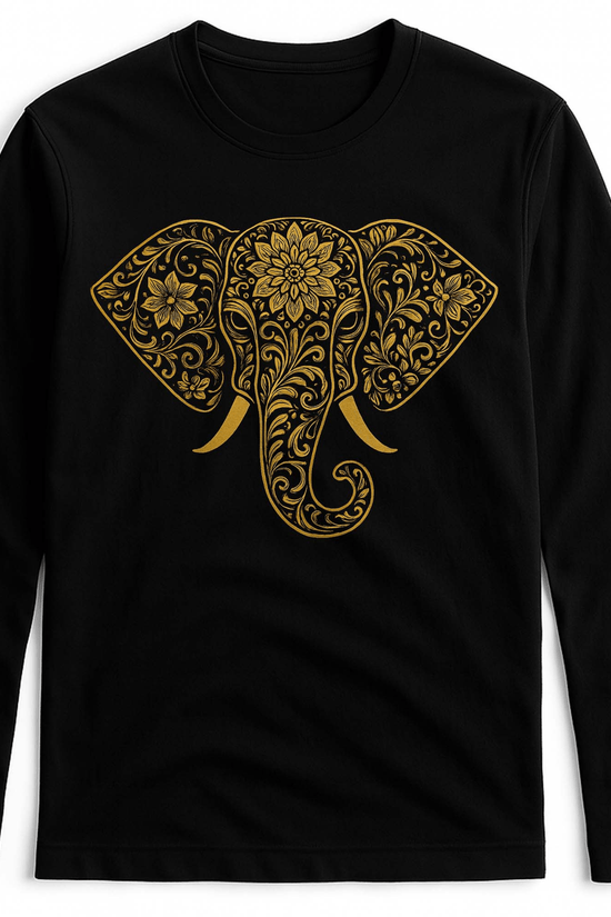 Classic Black T-Shirt - Elephant Print Gold features an intricate gold elephant head design on a unisex full sleeves 100% cotton shirt. Ideal for artistic streetwear lovers.