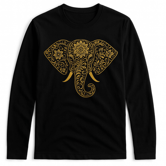 Classic Black T-Shirt - Elephant Print Gold features an intricate gold elephant head design on a unisex full sleeves 100% cotton shirt. Ideal for artistic streetwear lovers.