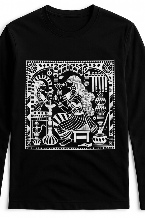 Kalighat Patachitra T-Shirt featuring intricate white Bengali folk art of a woman at her vanity on black cotton fabric. Full sleeves, 180 GSM fit.