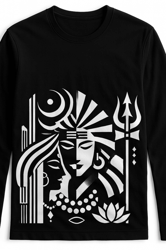 Unisex Shiva-Shakti shirt featuring bold black and white graphic of divine figures with trident and lotus on full sleeves cotton t-shirt.