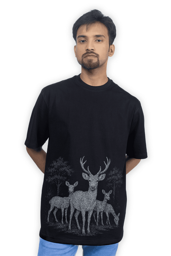 Model wearing Forest Deer T-Shirt with oversized fit and wildlife deer print, perfect for casual wear and outdoor-inspired fashion.