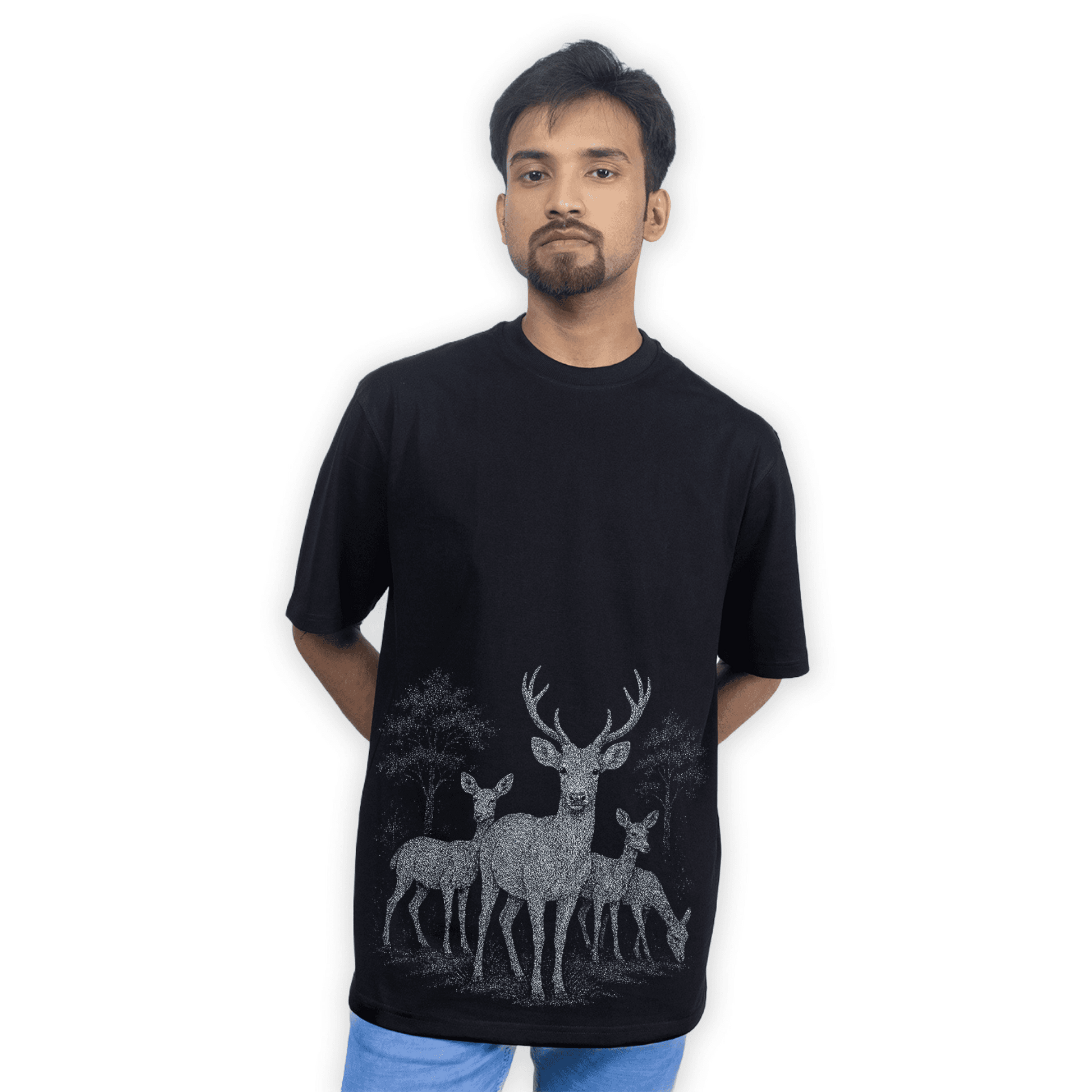 Model wearing Forest Deer T-Shirt with oversized fit and wildlife deer print, perfect for casual wear and outdoor-inspired fashion.