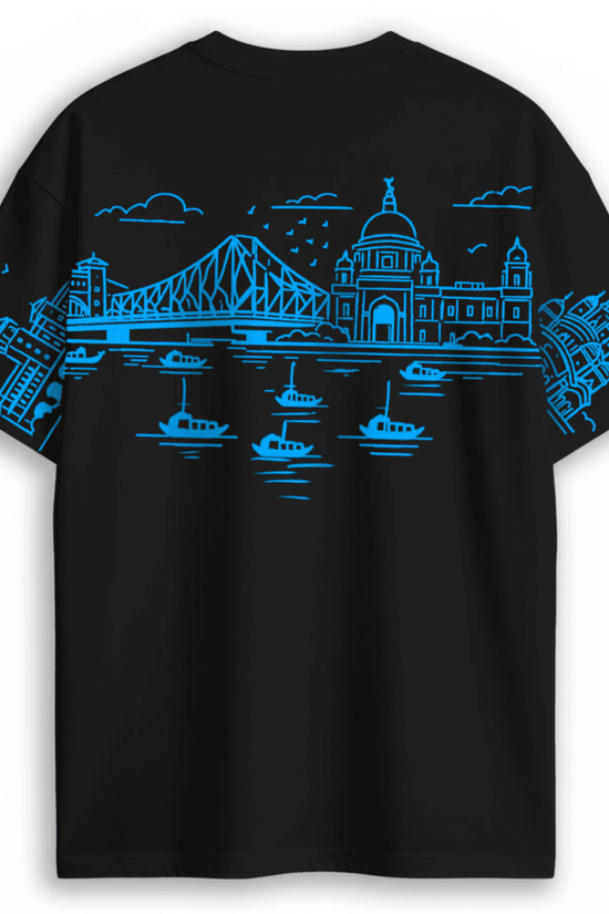 Kolkata Skyline Oversized T-Shirt with Howrah Bridge & Victoria Memorial Design