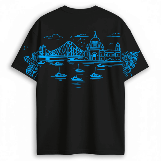 Kolkata Skyline Oversized T-Shirt with Howrah Bridge & Victoria Memorial Design