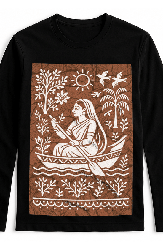 Bengali Boatwoman Shirt with batik-style folk art print on black full sleeves cotton t-shirt. Features traditional river scene in white on brown.