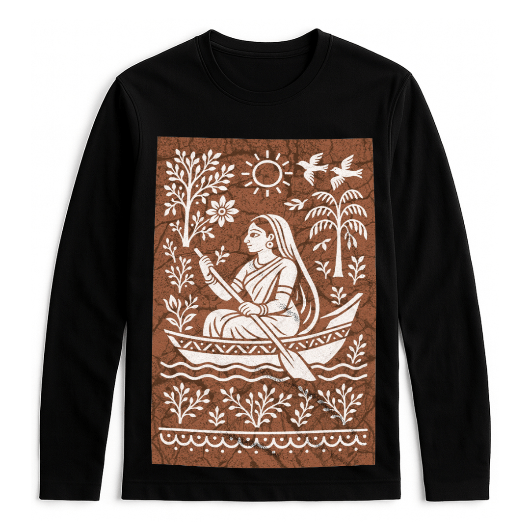 Bengali Boatwoman Shirt with batik-style folk art print on black full sleeves cotton t-shirt. Features traditional river scene in white on brown.