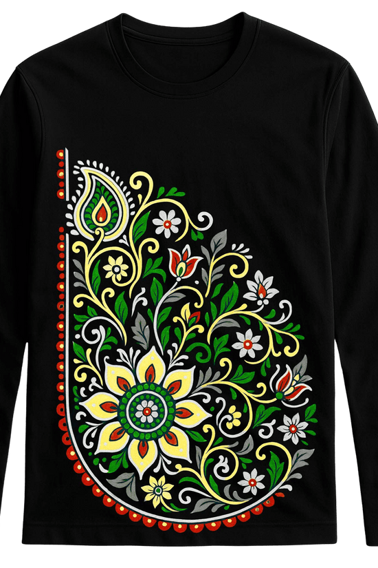 Unisex full sleeves cotton t-shirt with vibrant floral paisley graphic in green, yellow, and red. Stylish apparel for casual and artistic fashion.