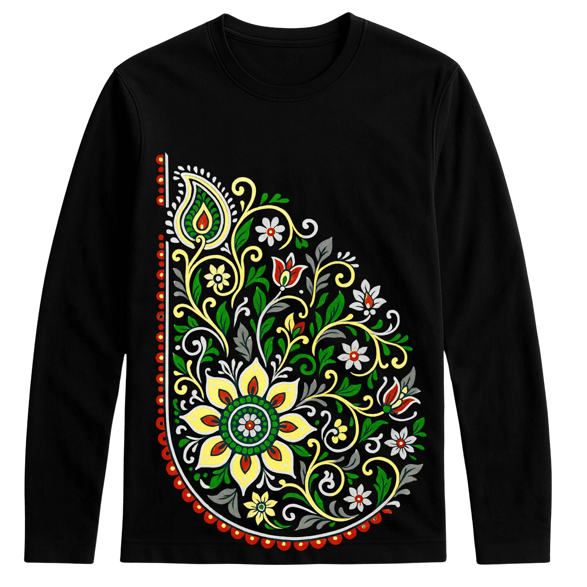 Unisex full sleeves cotton t-shirt with vibrant floral paisley graphic in green, yellow, and red. Stylish apparel for casual and artistic fashion.