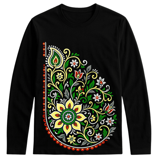Unisex full sleeves cotton t-shirt with vibrant floral paisley graphic in green, yellow, and red. Stylish apparel for casual and artistic fashion.
