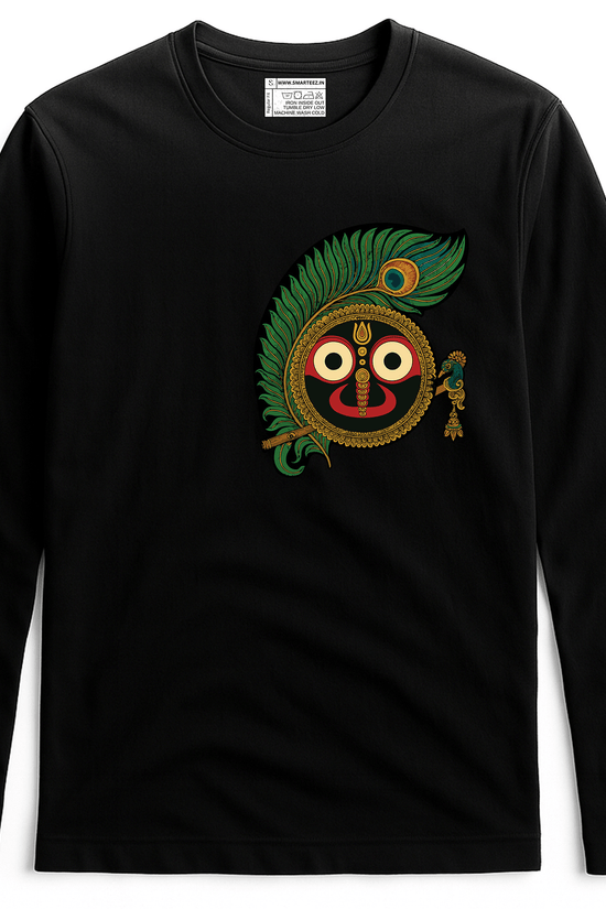 Rath Yatra T-Shirt - Jagannath design with peacock feather and flute on black full sleeves cotton top, perfect for spiritual celebrations.