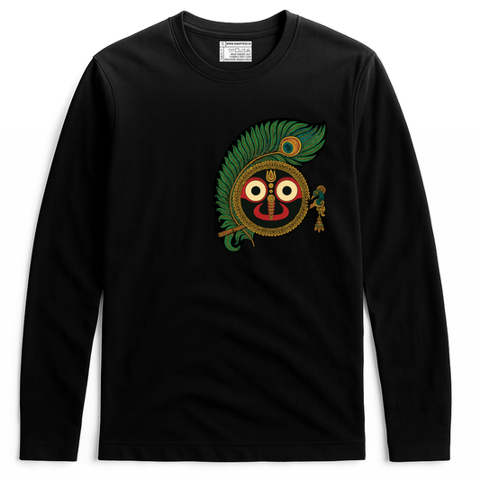 Rath Yatra T-Shirt - Jagannath design with peacock feather and flute on black full sleeves cotton top, perfect for spiritual celebrations.