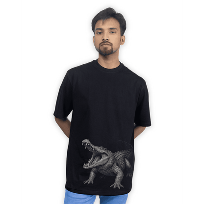 Model wearing Sundarbans Crocodile Animal Graphic T-Shirt with oversized fit, featuring a fierce crocodile graphic for animal lovers and adventure seekers.