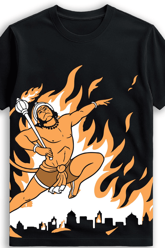 Hanuman Fire Warrior T-Shirt | Bajrangbali Mythological Power Art | Unisex Black Tee