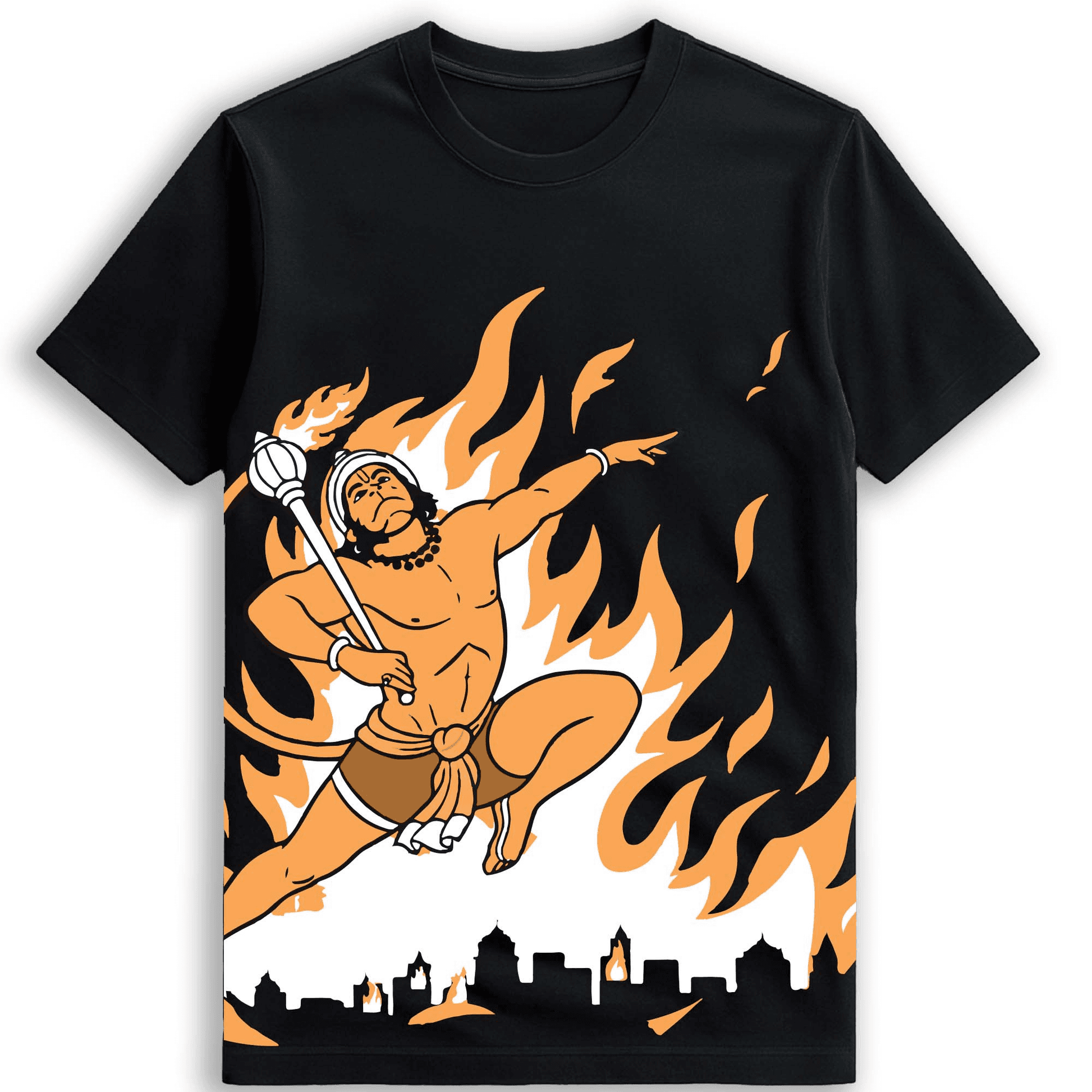 Hanuman Fire Warrior T-Shirt | Bajrangbali Mythological Power Art | Unisex Black Tee