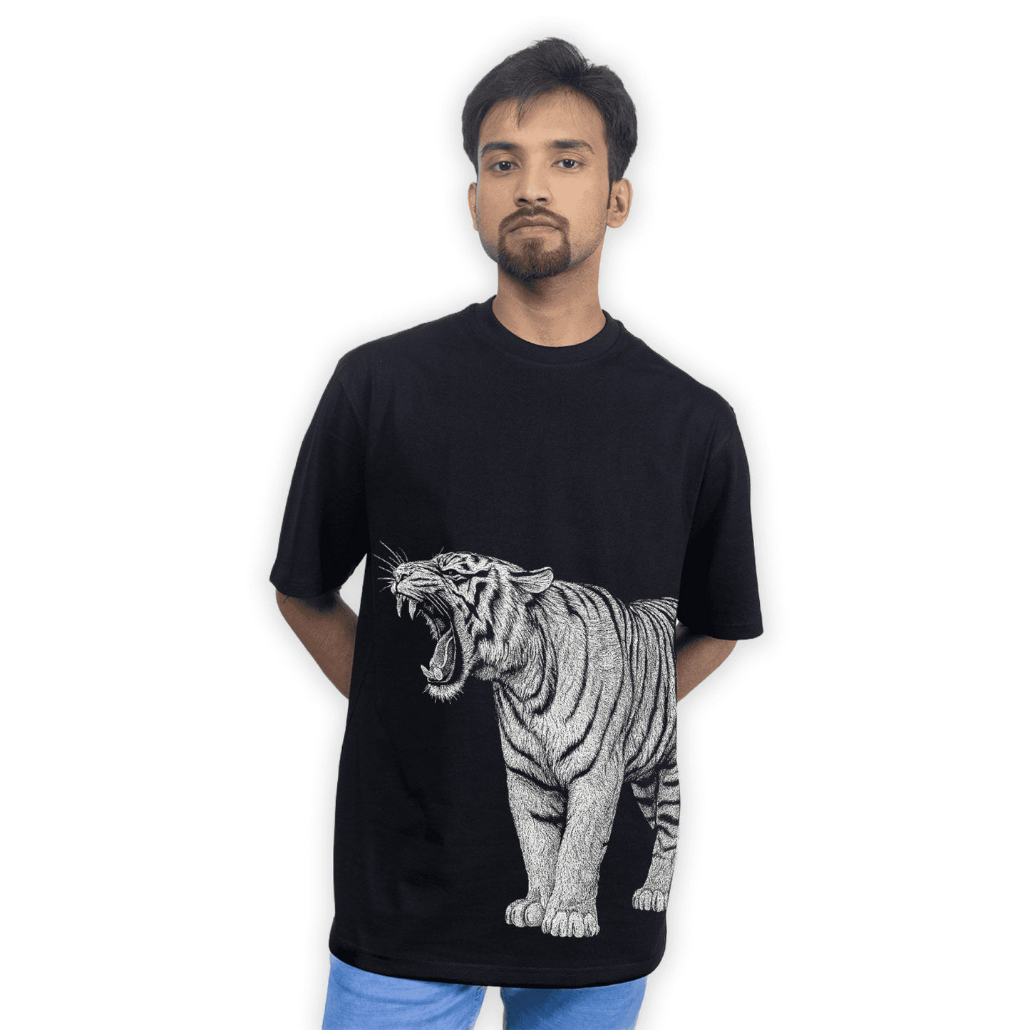 Model wearing the Royal Bengal Tiger oversized unisex T-shirt with bold tiger artwork, ideal for wildlife and animal print enthusiasts.