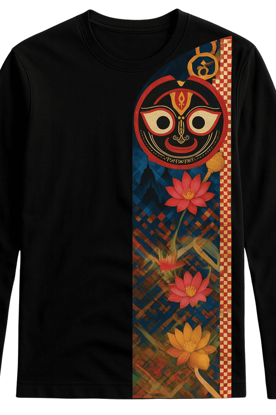 Jagannath T-shirt - Sacred Lotus Design | Rath Yatra Tee featuring full sleeves and a vibrant vertical lotus trail with spiritual motifs on black fabric.