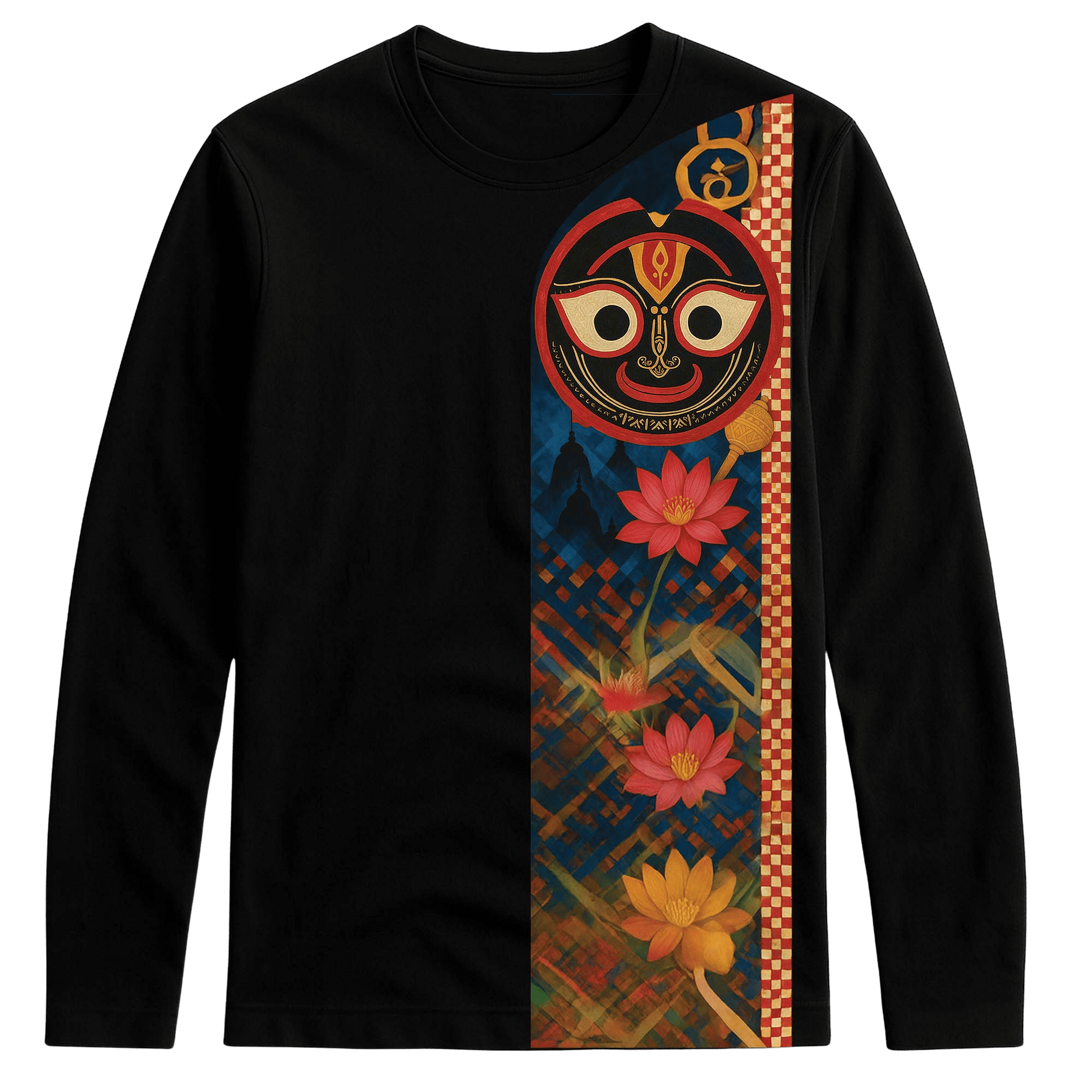 Jagannath T-shirt - Sacred Lotus Design | Rath Yatra Tee featuring full sleeves and a vibrant vertical lotus trail with spiritual motifs on black fabric.