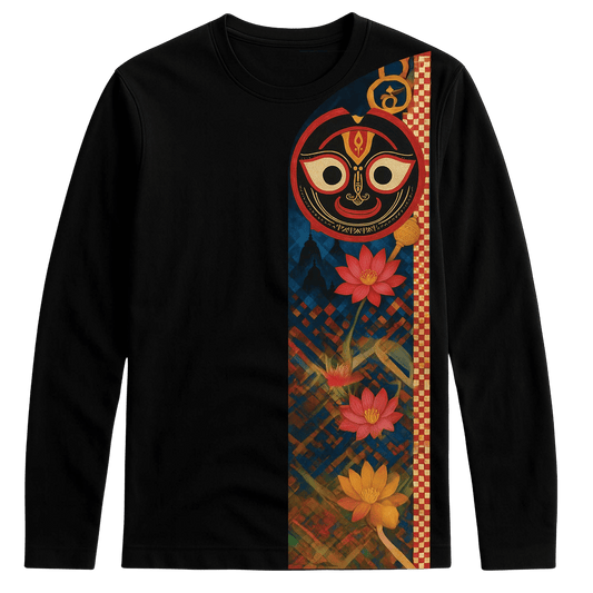 Jagannath T-shirt - Sacred Lotus Design | Rath Yatra Tee featuring full sleeves and a vibrant vertical lotus trail with spiritual motifs on black fabric.