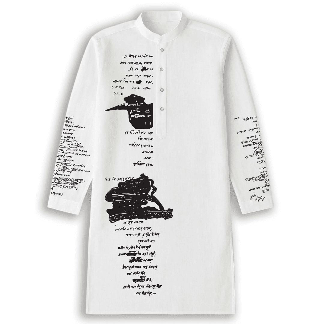 White Cotton Panjabi featuring Rabindranath Tagore's handwritten manuscript prints in black, ideal for Bengali cultural wear and festive occasions.