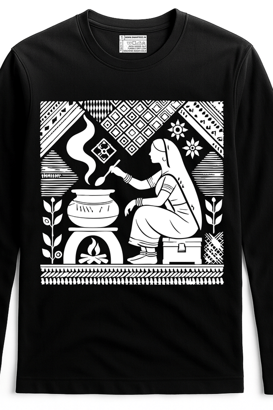 Tagore Art T-Shirt - Rabindranath design featuring a homemaker cooking in traditional Bengali style. Unisex black cotton full sleeves tee for art lovers.