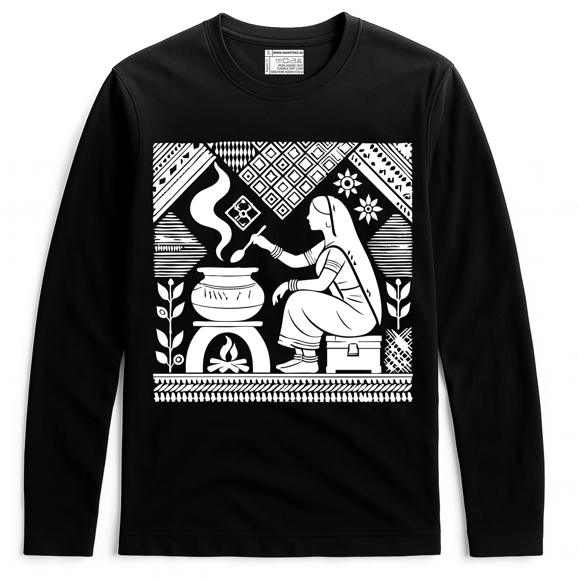 Tagore Art T-Shirt - Rabindranath design featuring a homemaker cooking in traditional Bengali style. Unisex black cotton full sleeves tee for art lovers.