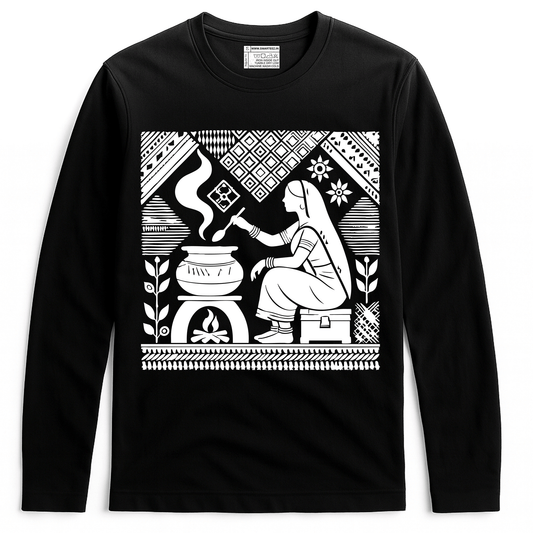 Tagore Art T-Shirt - Rabindranath design featuring a homemaker cooking in traditional Bengali style. Unisex black cotton full sleeves tee for art lovers.