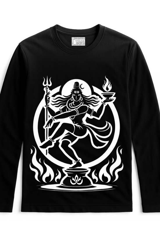 Nataraja T-Shirt - Cosmic Dance design in white on black full sleeves cotton tee. Features iconic Lord Shiva artwork for men and women.