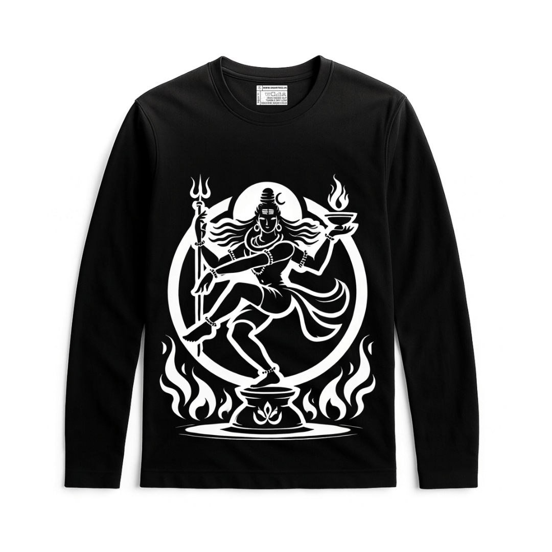 Nataraja T-Shirt - Cosmic Dance design in white on black full sleeves cotton tee. Features iconic Lord Shiva artwork for men and women.