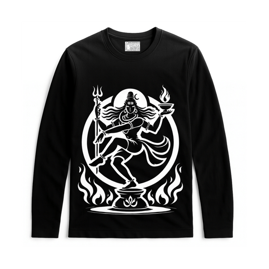 Nataraja T-Shirt - Cosmic Dance design in white on black full sleeves cotton tee. Features iconic Lord Shiva artwork for men and women.